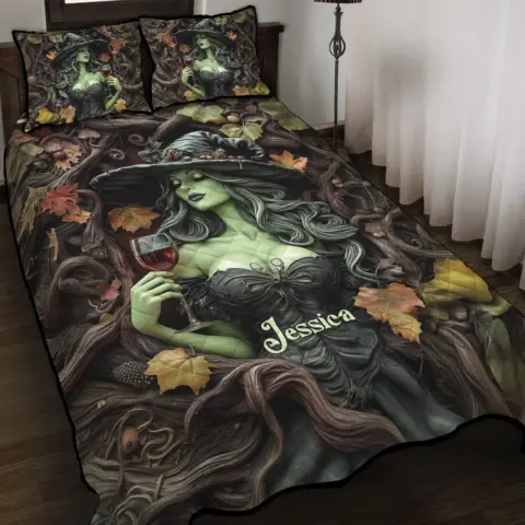 beatiful witch and wine personalized witch quilt bedding set