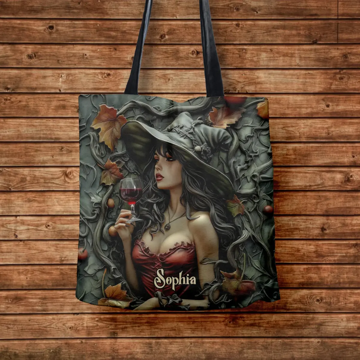 beatiful witch and wine personalized witch tote bag